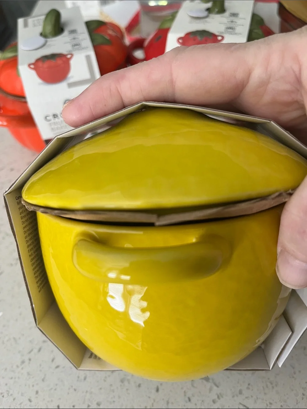 Yellow Lemon Fruit Ceramic Baker with Enameled finish Leaf top NWT